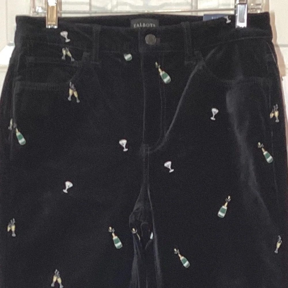 Talbots Velveteen Straight Leg Pant Black Embroidered Champagne Pop NWT - Size 4
